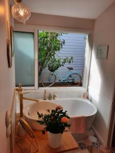 a bathroom with a tub and a bike in a window at Charmant logement T2 à 2 pas de la mer in Granville