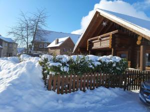 a yard covered in snow with a house at Log cabin in Harzgerode with balcony in Dankerode