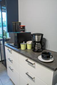 a kitchen with a counter with a blender on it at Dom przy borowinie in Kołobrzeg +40 photos
