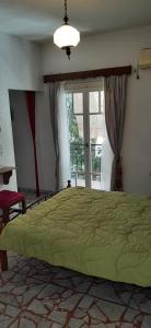 a bedroom with a large green bed with a window at Villa Rodanthos in Perdika