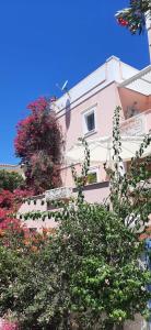 a pink building with flowers in front of it at Villa Rodanthos in Perdika