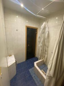塔林的住宿－Telliskivi Hostel，一间带浴缸和淋浴的浴室。