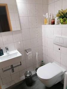 a white bathroom with a toilet and a sink at MoMe Appartment in Groß Rönnau