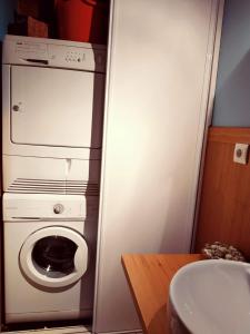 ein kleines Badezimmer mit Waschmaschine und Waschbecken in der Unterkunft O Recanto do Atlantico in Viveiro