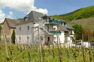una casa bianca con scala in un campo di viti di Luiza Fewo a Trittenheim