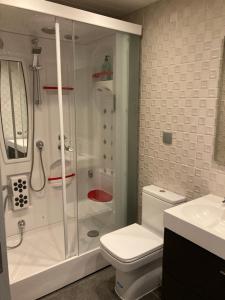 Un baño con ducha, inodoro y lavabo. en ASV Apartments, en Pineda de Mar