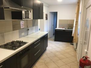 a kitchen with black cabinets and a stove top oven at Víz-Party vendégház in Dunasziget +24 photos
