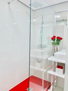 a bathroom with a shower and a red floor at Entire apartment in Lisbon plus Car in Lisbon