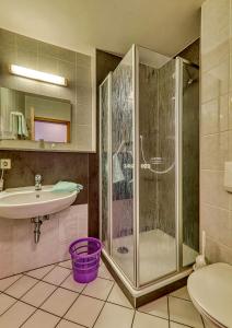 ein Bad mit einer Dusche und einem Waschbecken in der Unterkunft Kurpension Freudenstein in Bad Füssing
