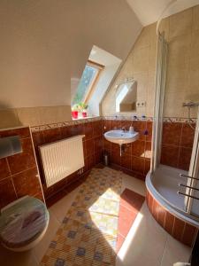 La salle de bains est pourvue d'un lavabo, d'une douche et de toilettes. dans l'établissement Piraten Oase, à Tribohm