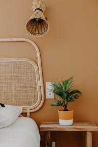 a bedroom with a bed and a plant on a table at Hôtel PALMITO in Biarritz