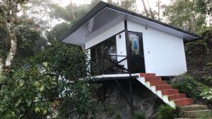 a small white house with a door on a hill at Waterfall El Paraíso - Cabañas, jacuzzi, piscina y cascada en medio de la naturaleza in Nocaima