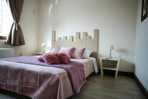 a bedroom with a large bed with a purple blanket at Villa Evinoi in Pallini +33 photos