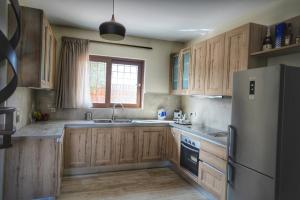 a kitchen with wooden cabinets and a refrigerator at Villa Evinoi in Pallini