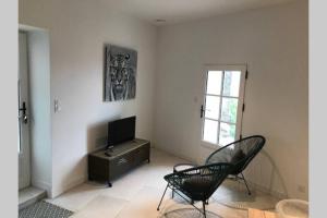 a living room with a television and two chairs at Bourg superbe appart avec vue magnifique in Bourg-sur-Gironde