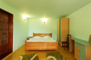 1 dormitorio con cama y escritorio. en Casa dintre munti Karina, en Nehoiu
