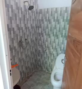 a bathroom with a toilet and a shower stall at Latansa Homestay in Banyuwangi