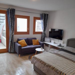 een woonkamer met een bed en een bank bij App Hedonist in Novigrad Istria