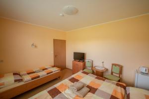a hotel room with two beds and a tv at Pension V lukách in Dlouhá Ves