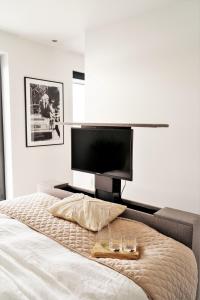 a bedroom with a large bed with a flat screen tv at B&B Ganzendiep aan het water in Grafhorst