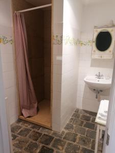 ein Bad mit einer Dusche und einem Waschbecken in der Unterkunft Côté Dyle de la Tourelle in Ways