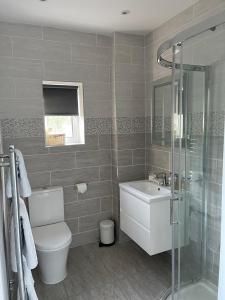 a bathroom with a toilet and a sink and a shower at Devonia Guest House in Lyme Regis