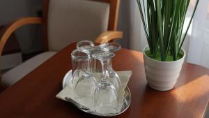 a wooden table with two wine glasses and a potted plant at Pivovarsky Hotel Kojetín u Kroměříže in Kojetín