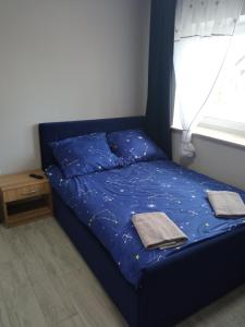 Cama azul en habitación con ventana en Szafir - NoclegiGrodziskPL, en Grodzisk Mazowiecki