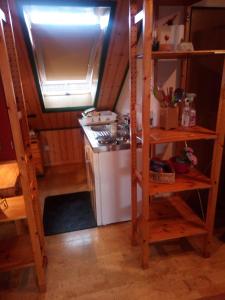 戈斯拉爾的住宿－Ohne Sorgen，一间带炉灶和架子的小厨房