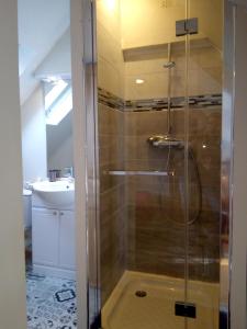 La salle de bains est pourvue d'une douche avec une porte en verre. dans l'établissement Penty La Houssaye, à Pontivy