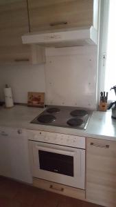 cocina con horno de fogón blanco en Waldesruh, en Zinnowitz
