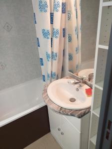 a bathroom with a sink and a shower curtain at La Voile - Pendine 2 - Puy Saint Vincent - Hautes Alpes in Puy-Saint-Vincent