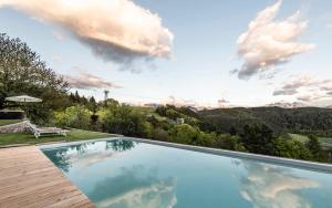 a swimming pool with a view of the mountains at Pippos Mountain Lodge in Soprabolzano