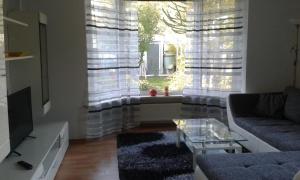 sala de estar con sofá y ventana en Ferienhaus - Roggentin en Roggentin