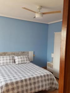 - une chambre bleue avec un lit et un ventilateur de plafond dans l'établissement Apartamento con terraza en el casco historico, à Ourense