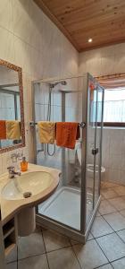 y baño con ducha y lavamanos. en Gästehaus-Pension Keiss en Hopferau