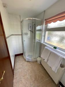 een badkamer met een douche, handdoeken en een raam bij Plough and Harrow in Brecon