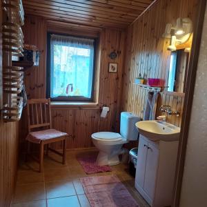 uma casa de banho com um WC, um lavatório e uma janela em Dom Gościnny Wejsuny - Mazury em Wejsuny