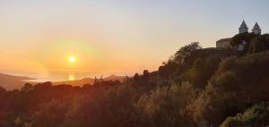 um pôr-do-sol sobre uma colina com árvores e uma igreja em Terre de Maquis, maison d'hôtes vue mer Corse em Sari-dʼOrcino