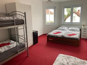 2 łóżka piętrowe w pokoju z czerwonym dywanem w obiekcie Apartmány V ráji w mieście Žďár