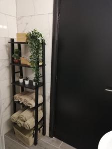 una mensola nera con asciugamani e piante in bagno di Ariadne apartment a Paralimni
