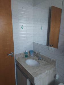 a bathroom with a sink and a mirror at Residencial Flats Botanicus 1 in Olímpia