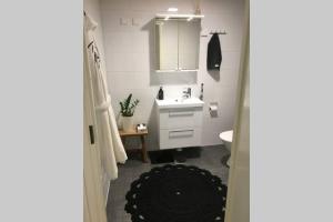 ein Badezimmer mit einem Waschbecken, einem WC und einem Spiegel in der Unterkunft MODERNI YKSIÖ HUIPPUSIJAINNILLA! in Lempäälä