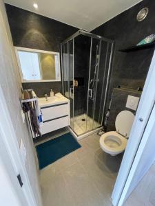 a bathroom with a shower and a toilet and a sink at Beau studio dans résidence avec piscine et vue sur la ville - 5min des plages in Mandelieu-La Napoule