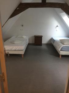 two beds in a room with an attic at Le coin des Halles dans le vignoble de Bourgueil in Bourgueil