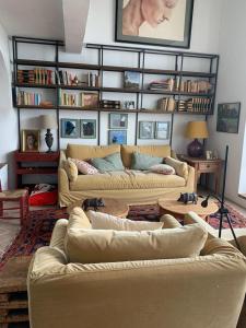 una sala de estar con 2 sofás y un estante para libros. en Casa do Xão 2, en Serpa