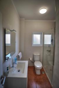 uma casa de banho com um WC, um chuveiro e um lavatório. em Apartamentos Belo Horizonte em Portimão