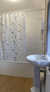 baño con lavabo y cortina de ducha en Abercorn Place Entire House 4 Bedrooms en Scunthorpe