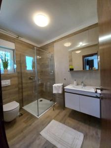 y baño con ducha, aseo y lavamanos. en Garfild 1 Guest House, en Novi Vinodolski
