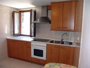 a kitchen with wooden cabinets and a sink and a stove at Apartamento Miguel Torla Ordesa in Torla